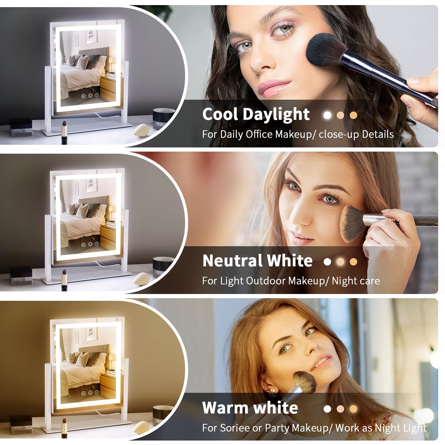 Homtang miroir bureau LED montrant les trois teintes lumineuses