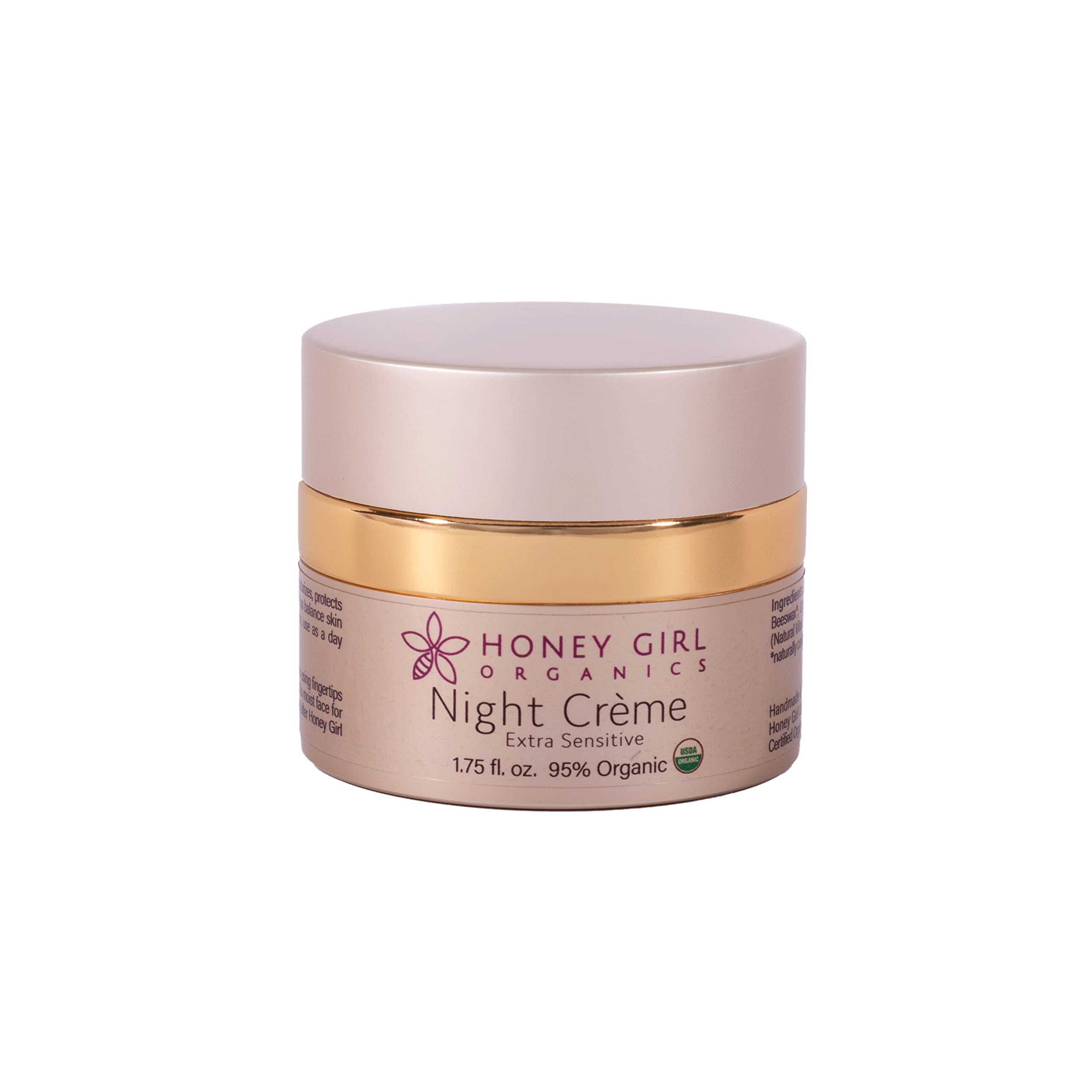 Honey Girl Organics Crème Nuit Extra Sensible en pot, hydratation nocturne apaisante.