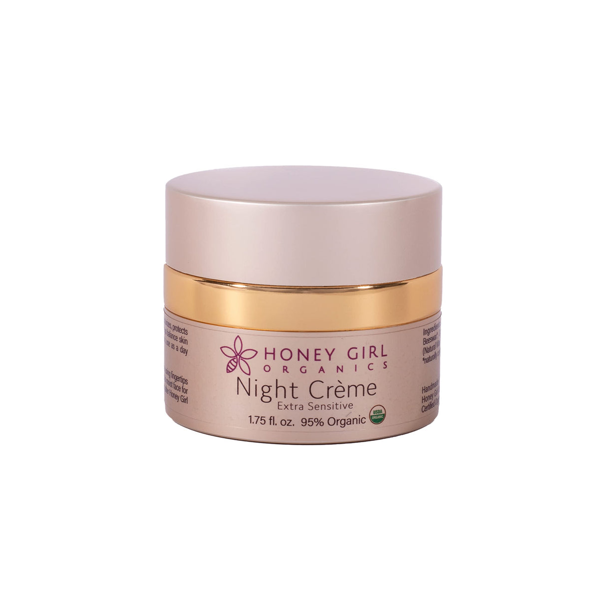 Honey Girl Organics Crème Nuit Extra Sensible en pot, hydratation nocturne apaisante.