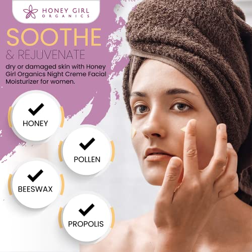 Honey Girl Organics Night Creme application mains propres, absorption rapide nocturne.