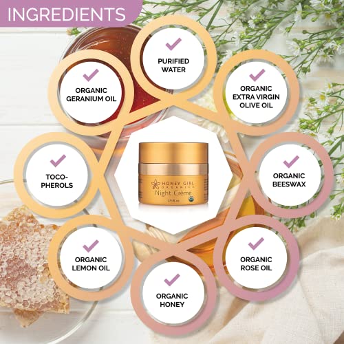 Honey Girl Organics Night Creme ingrédients biologiques pour soin naturel et doux.