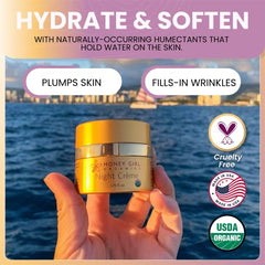 Honey Girl Organics Night Creme texture riche sur la peau, hydratation durable assurée.