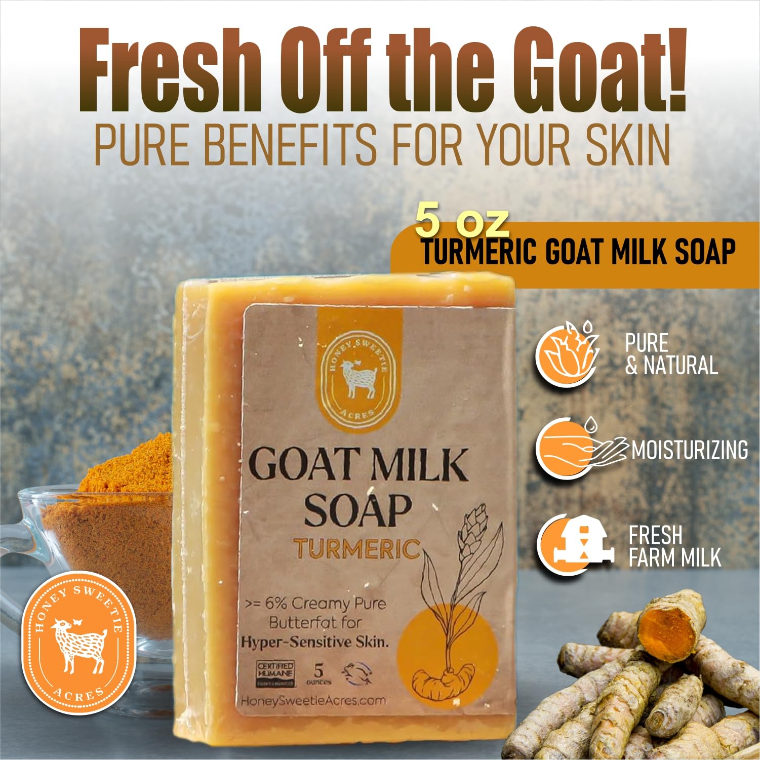 Honey Sweetie Acres barre savon lait chèvre curcuma, texture crémeuse idéale pour la routine.
