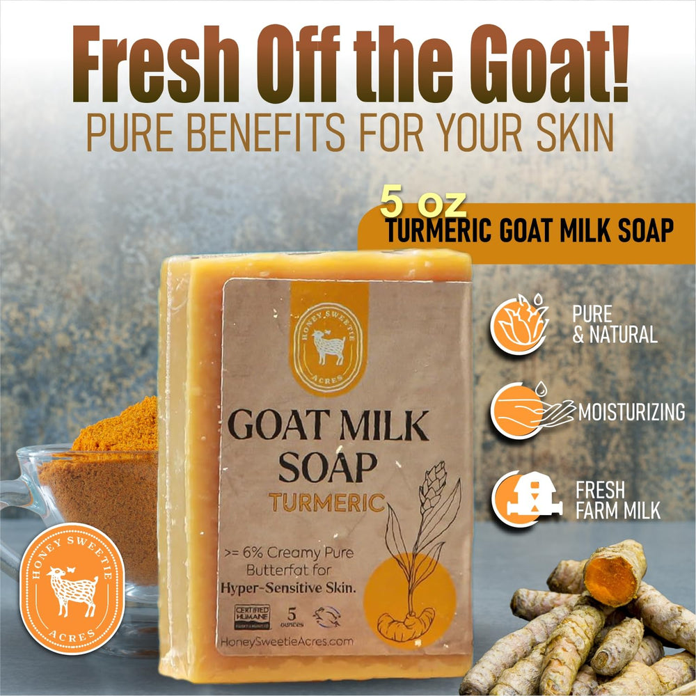 Honey Sweetie Acres barre savon lait chèvre curcuma, texture crémeuse idéale pour la routine.