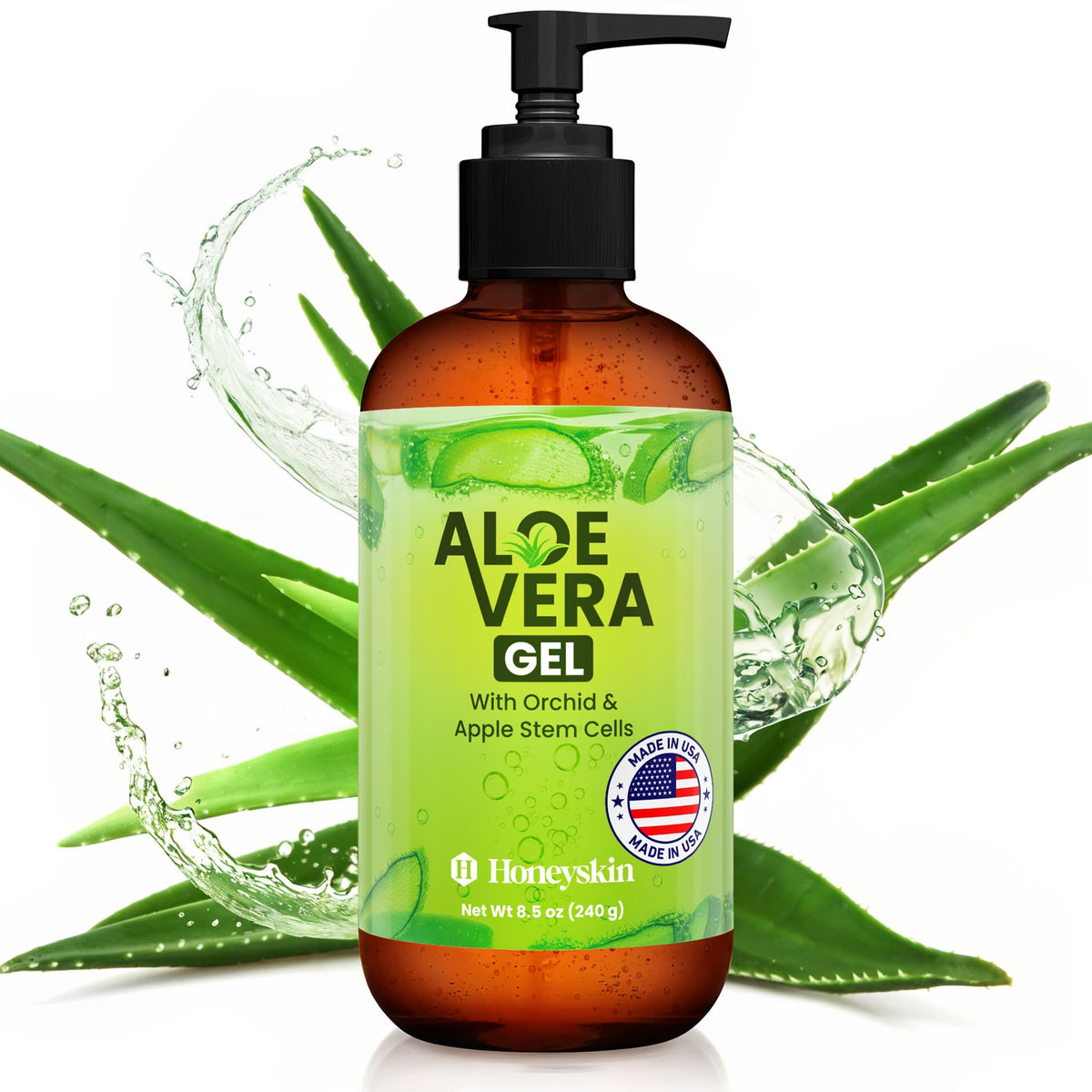 Honeyskin Gel Aloe Vera – Bouteille rafraîchissante et apaisante après soleil.