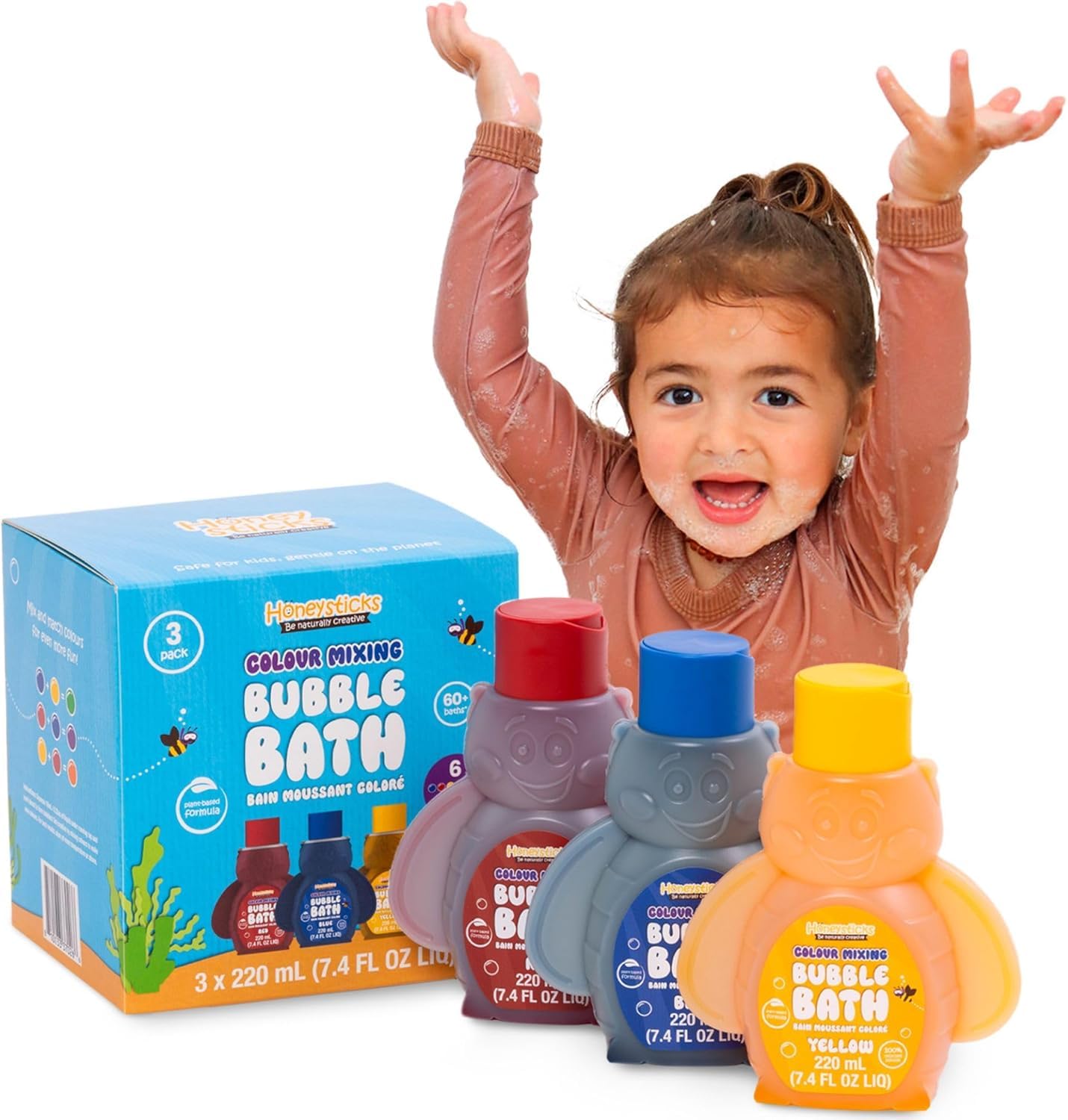 Honeysticks Bain bulles bleu : bulles abondantes et couleur bleue, idéal pour le bain des tout-petits.