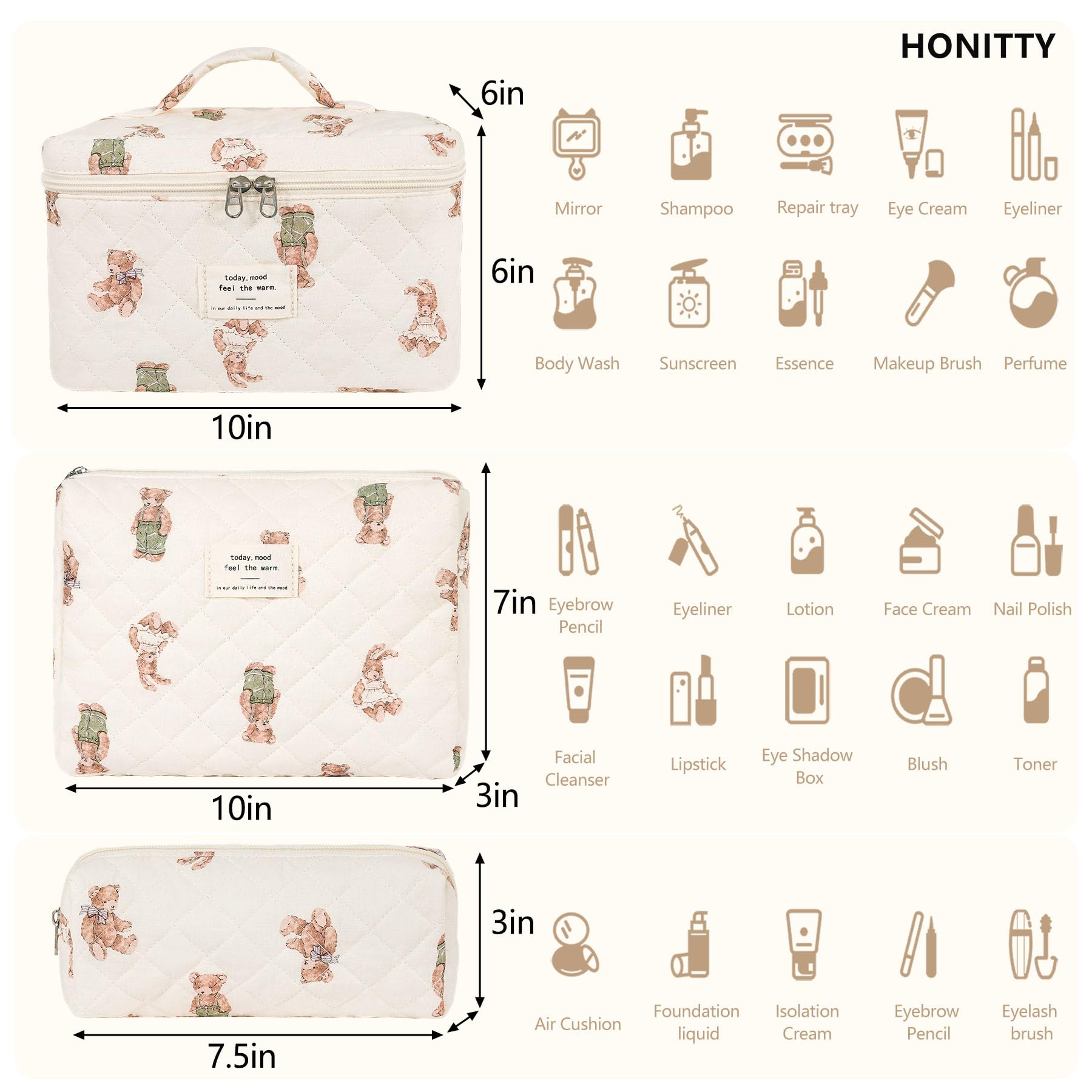 honitty ensemble sacs cosmétiques coton, pratique pour séparer soins et maquillage.