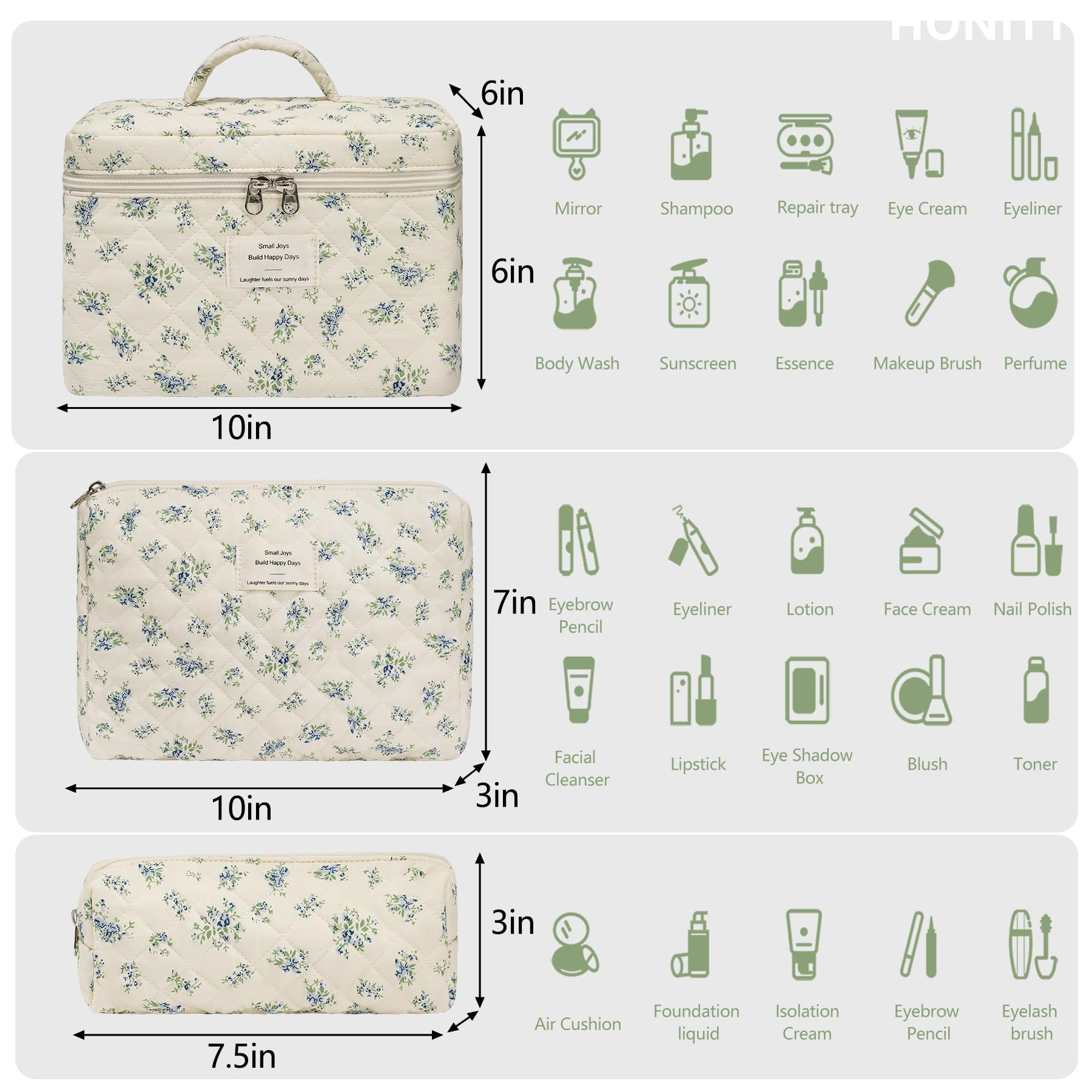 Ensemble honitty de trois trousses florales, formats variés pour organiser les soins