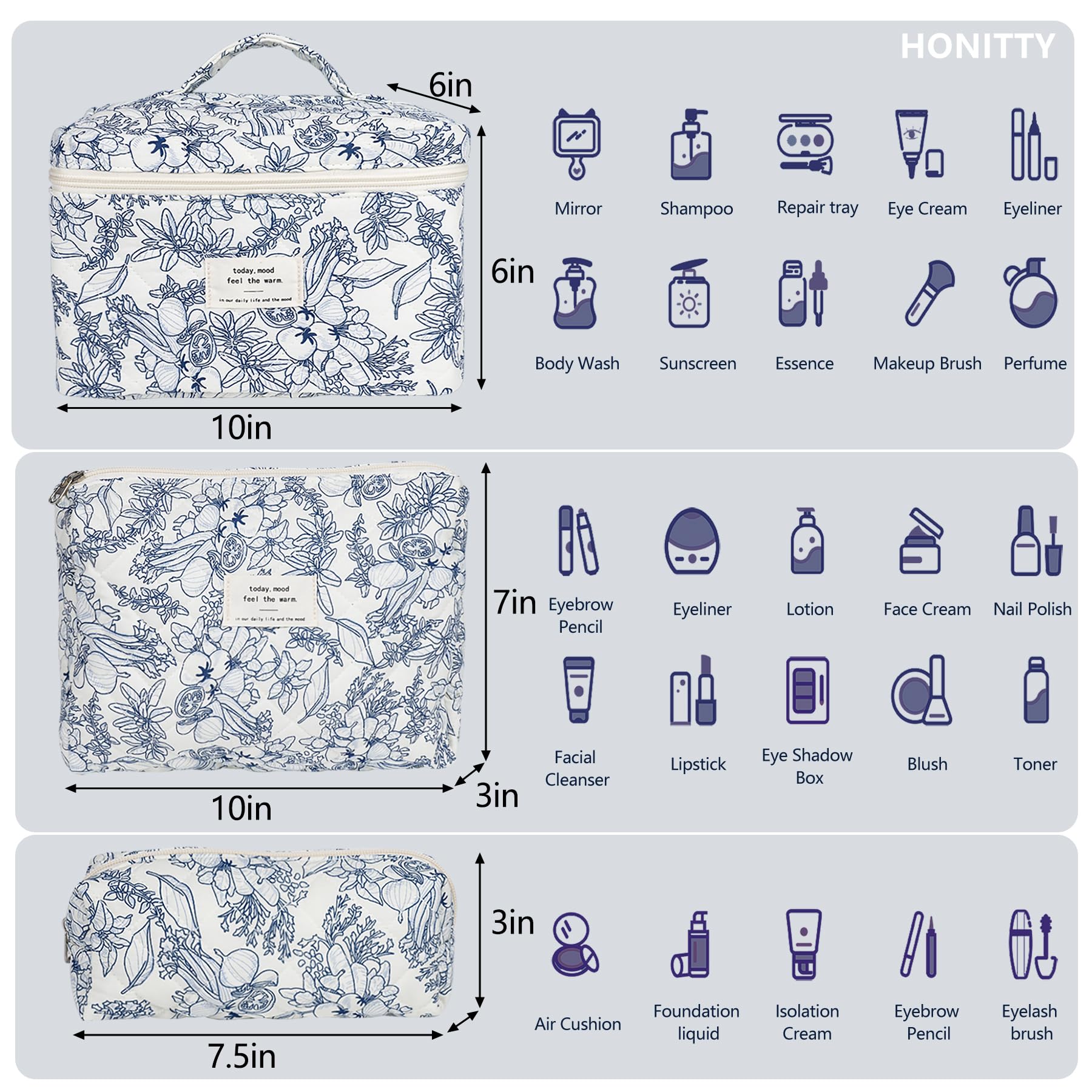 Honitty kit trousse maquillage patchwork floral – trois tailles pour organiser