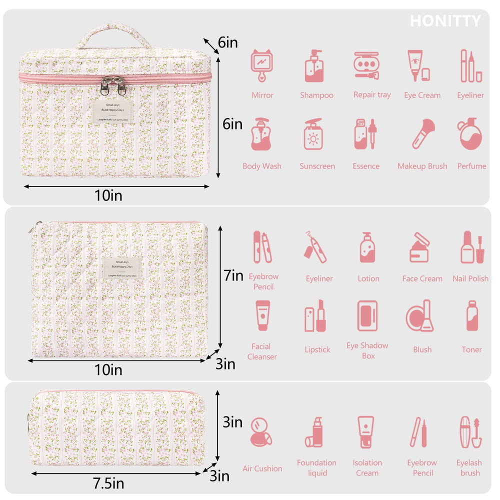 Ensemble honitty de 3 pochettes maquillage, organisation facilitée pour la routine.