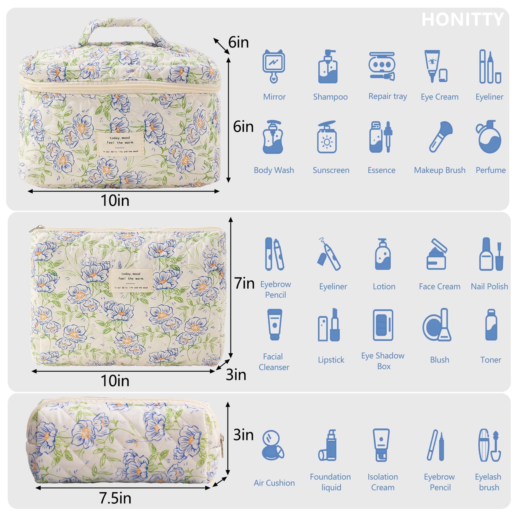 Trousse honitty à trois tailles, pratique pour tout organiser.