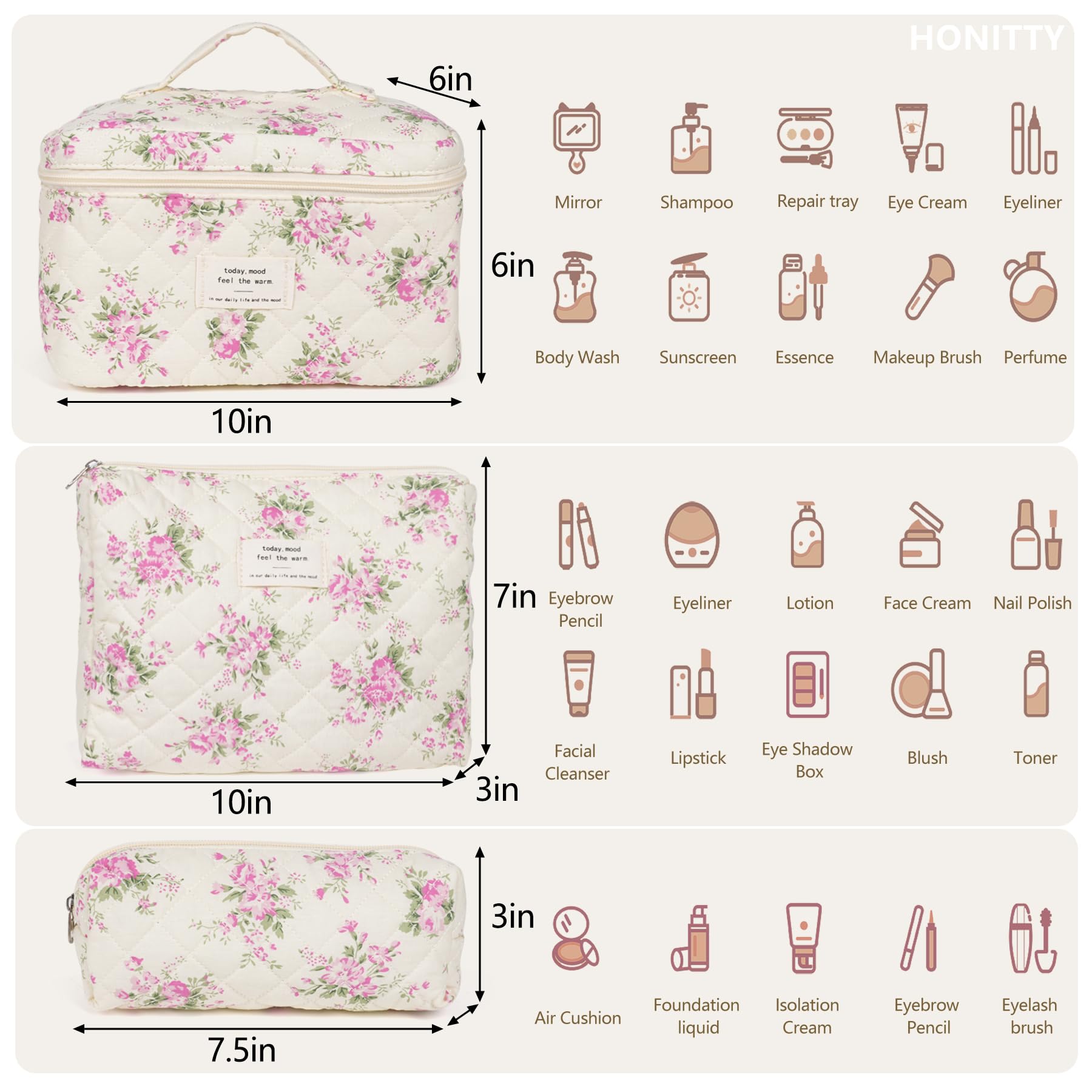 Honitty kit trousse de maquillage à trois tailles, organisation pratique pour voyage
