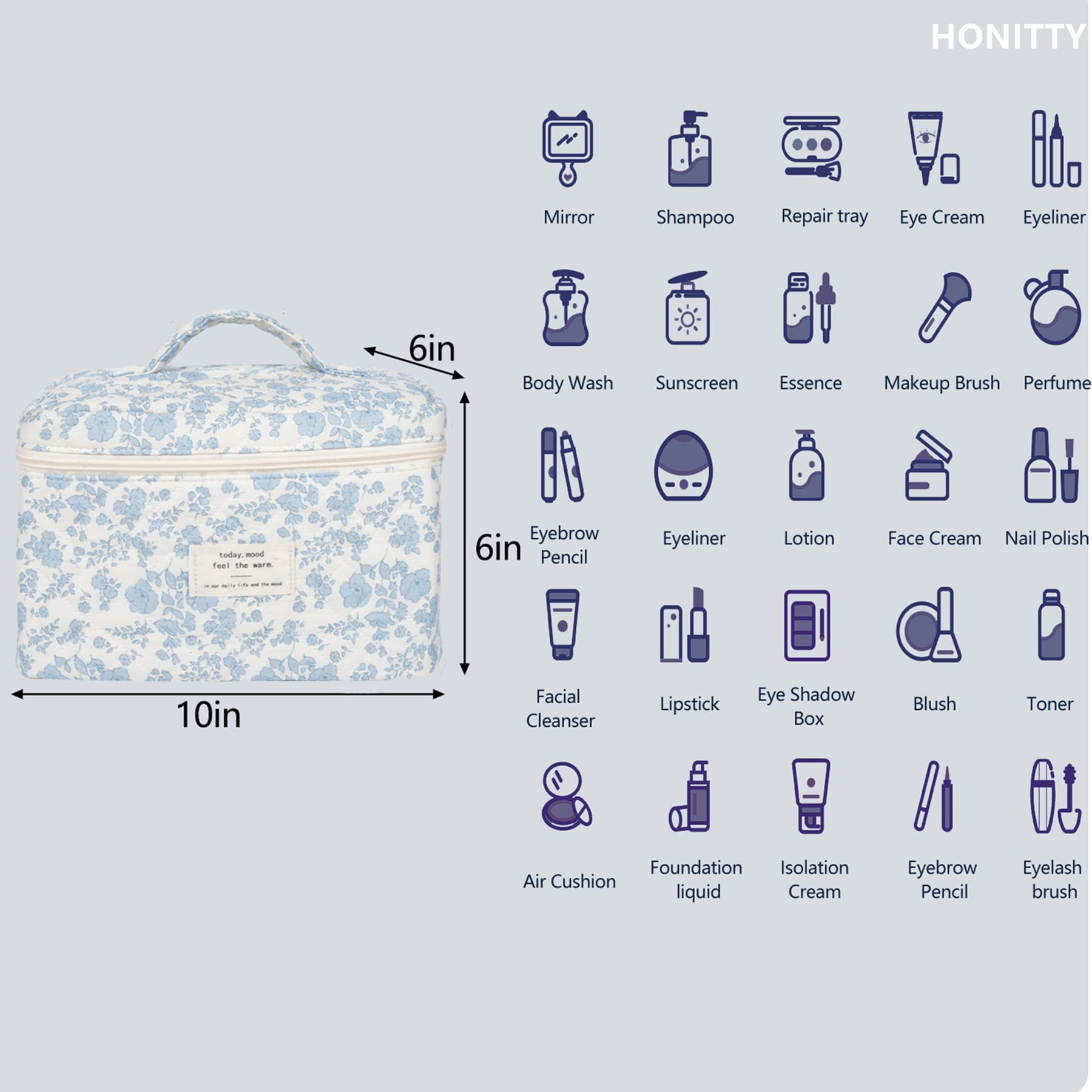 Trousse Honitty quilté florale, compartiments pratiques pour séparer soins et maquillage.