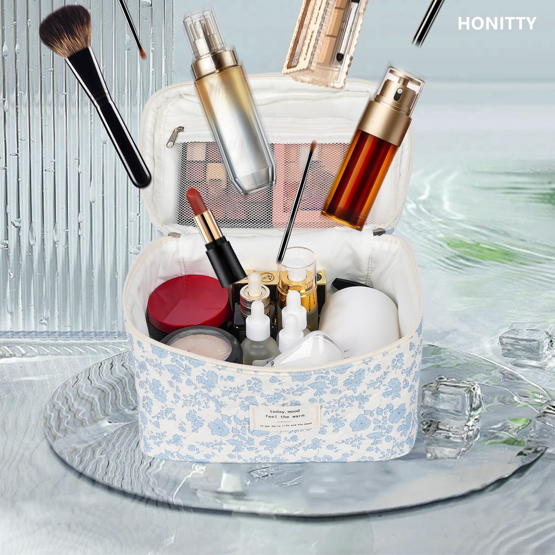 Honitty florale quilté, organisation flexible pour soins et maquillage.