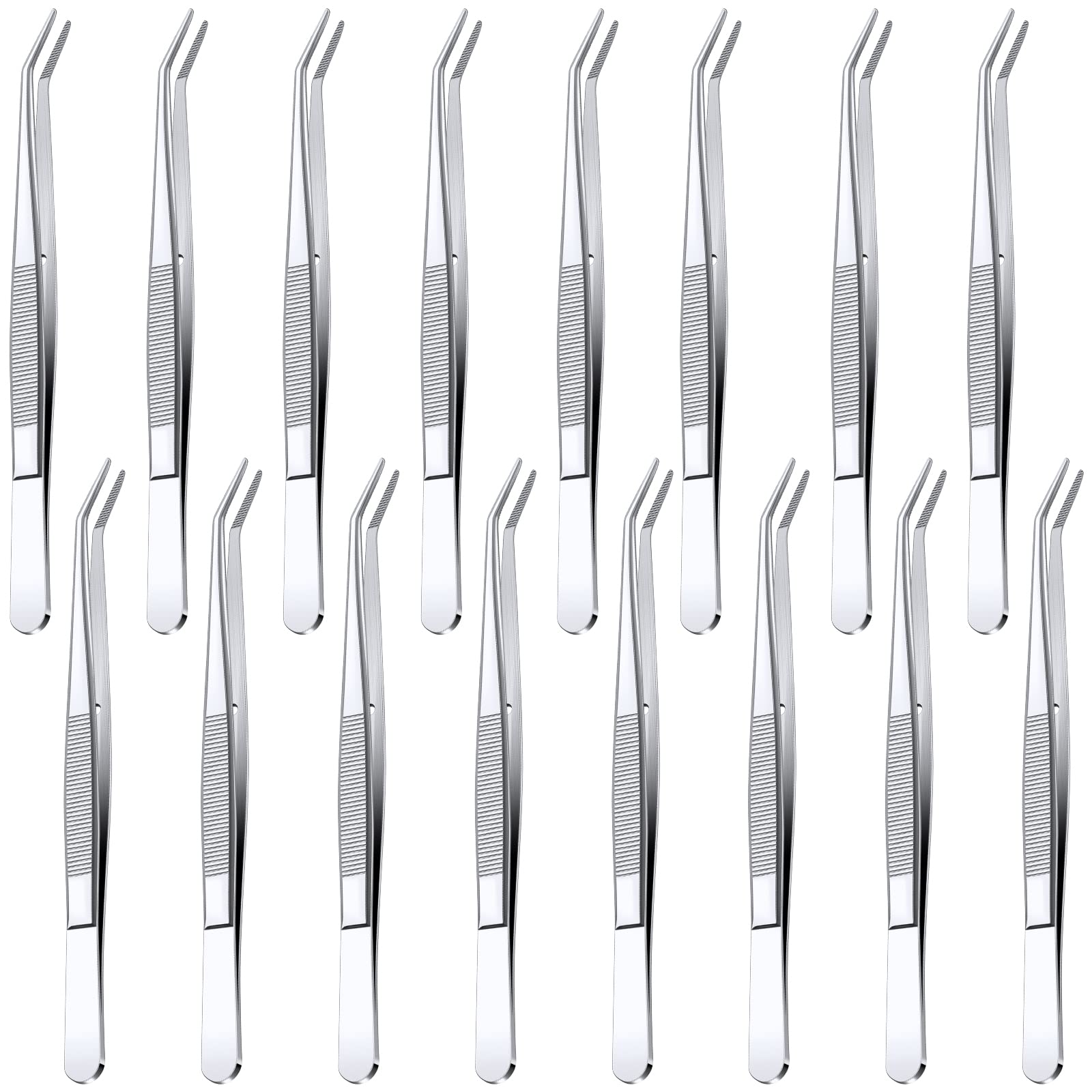 Pinces Honoson inox 16 pièces, pointe incurvée pour manipulation précise.