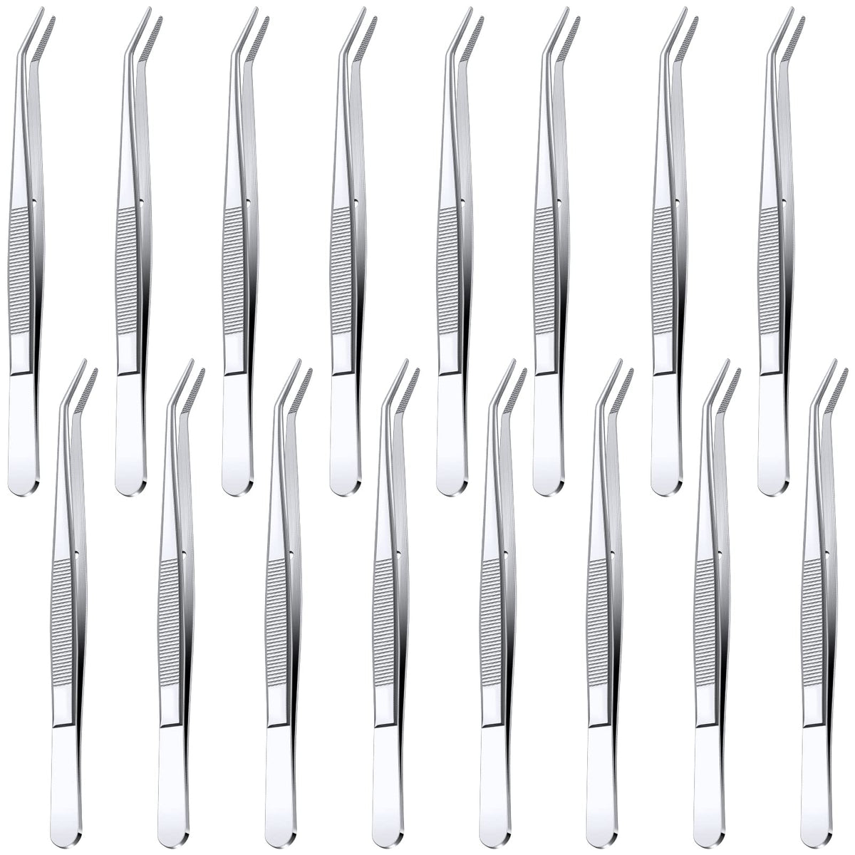 Pinces Honoson inox 16 pièces, pointe incurvée pour manipulation précise.
