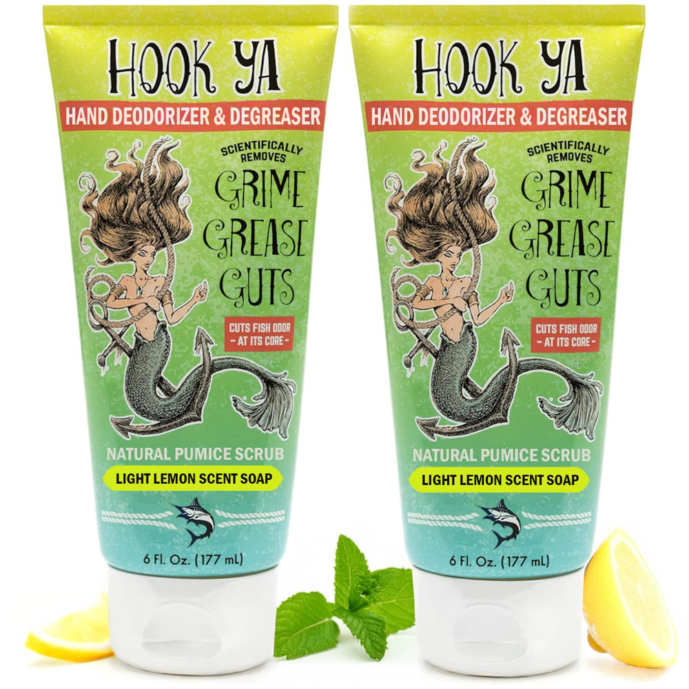 Hook'Ya fishing hand soap bottle pour showing odor removal after a long fishing day