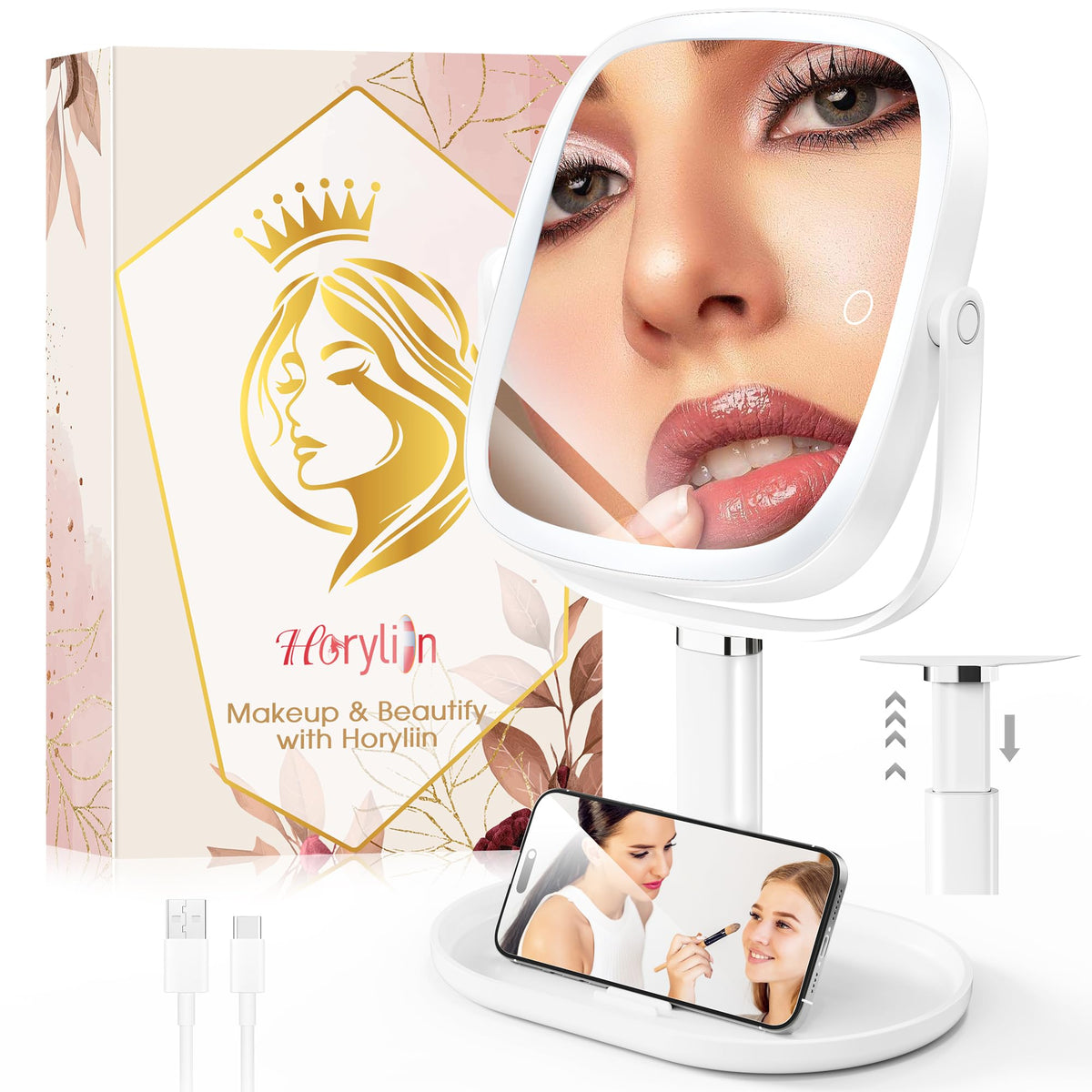 Miroir Horyliin 10x avec lumière pour maquillage précis et détails peau.