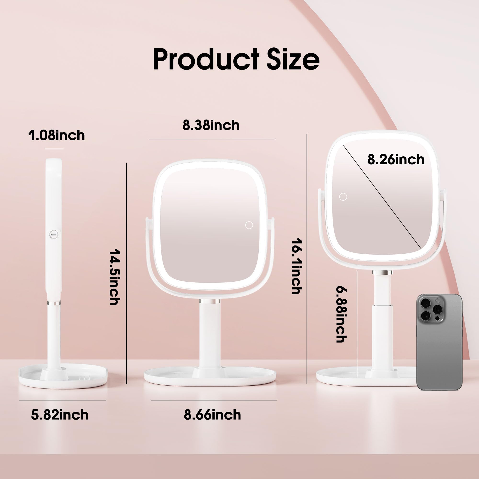 Miroir Horyliin 1x avec lumière pour vue d’ensemble lors du maquillage.