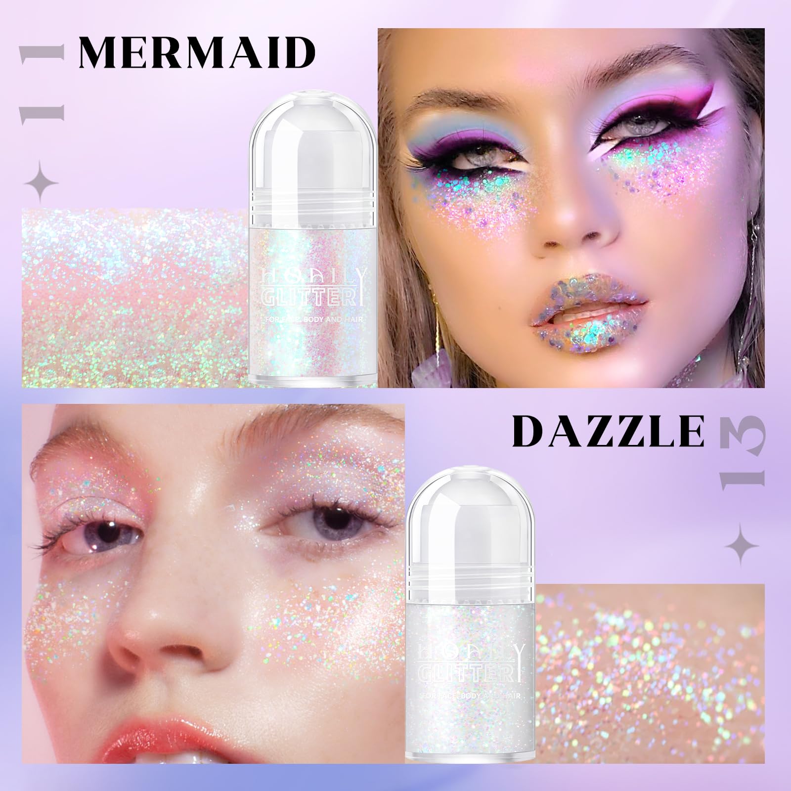 Effet brillance nocturne des paillettes, reflet holographique sur la peau.