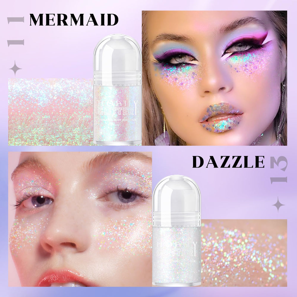 Effet brillance nocturne des paillettes, reflet holographique sur la peau.