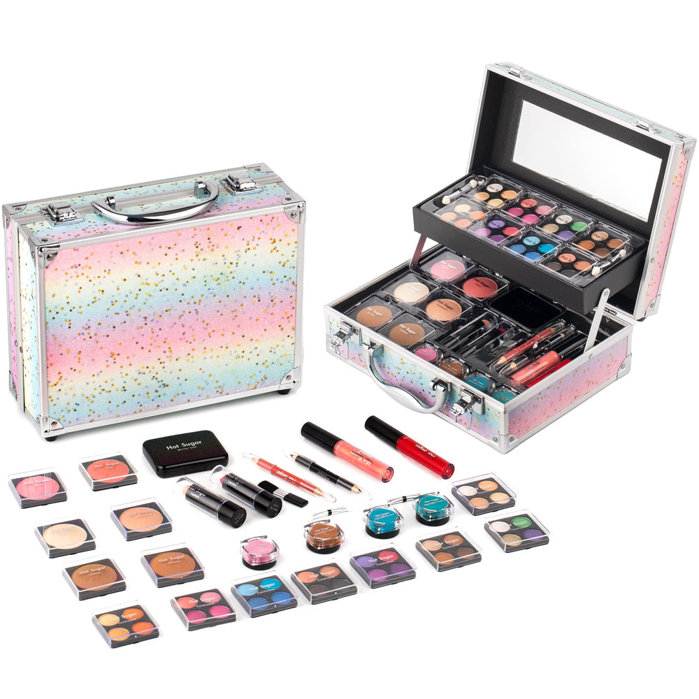 Coffret Hot Sugar avec étui arc-en-ciel, pratique pour les déplacements quotidiens.