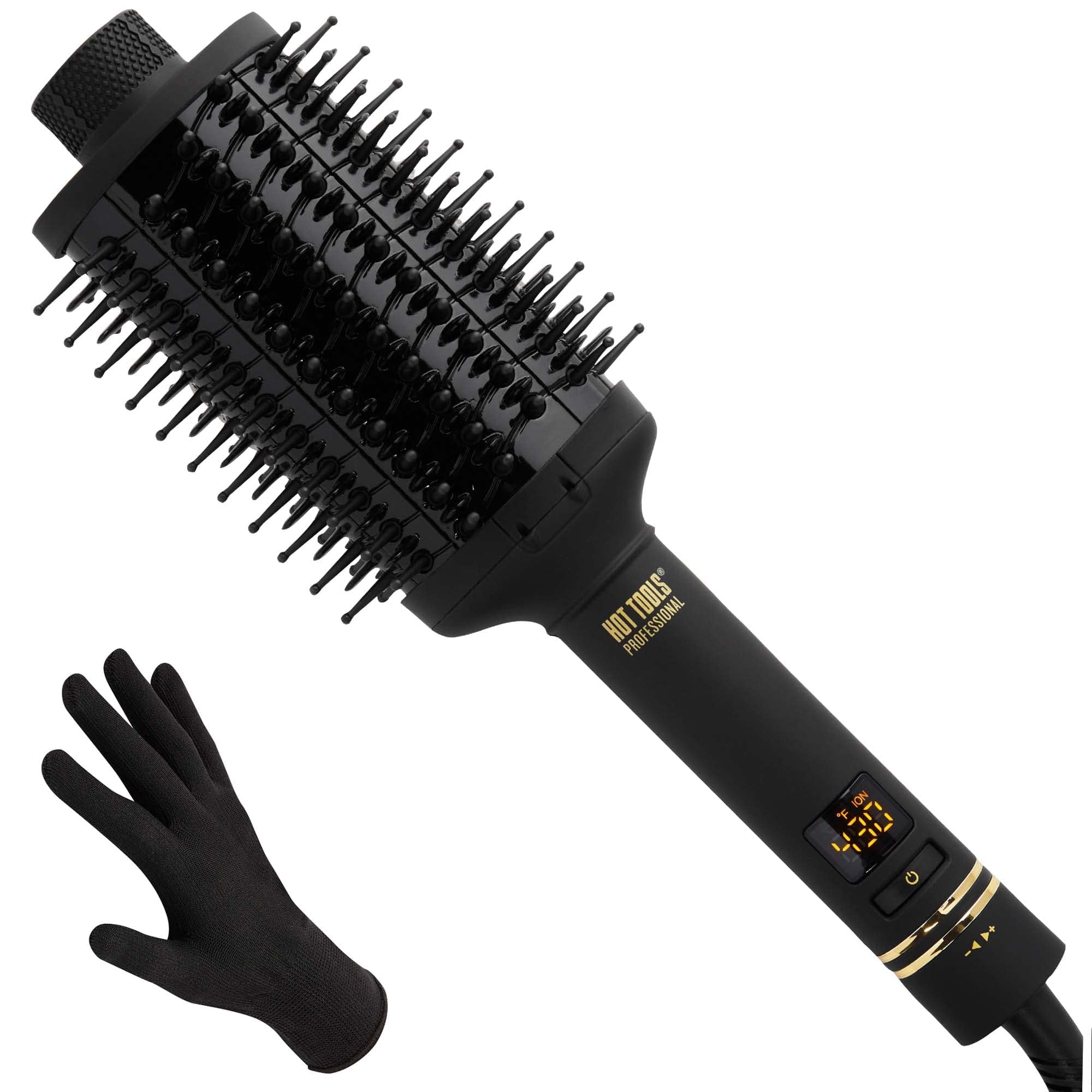 HOT TOOLS Pro Artist brosse ovale noire et or en action pour volume durable.