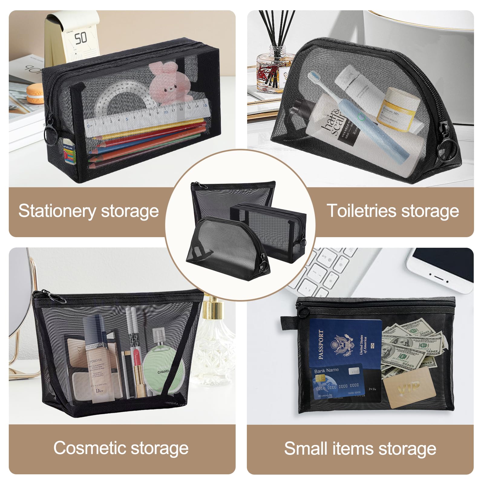 Hotipine pochettes maillage ovale: rangement esthétique pour maquillage et soins.