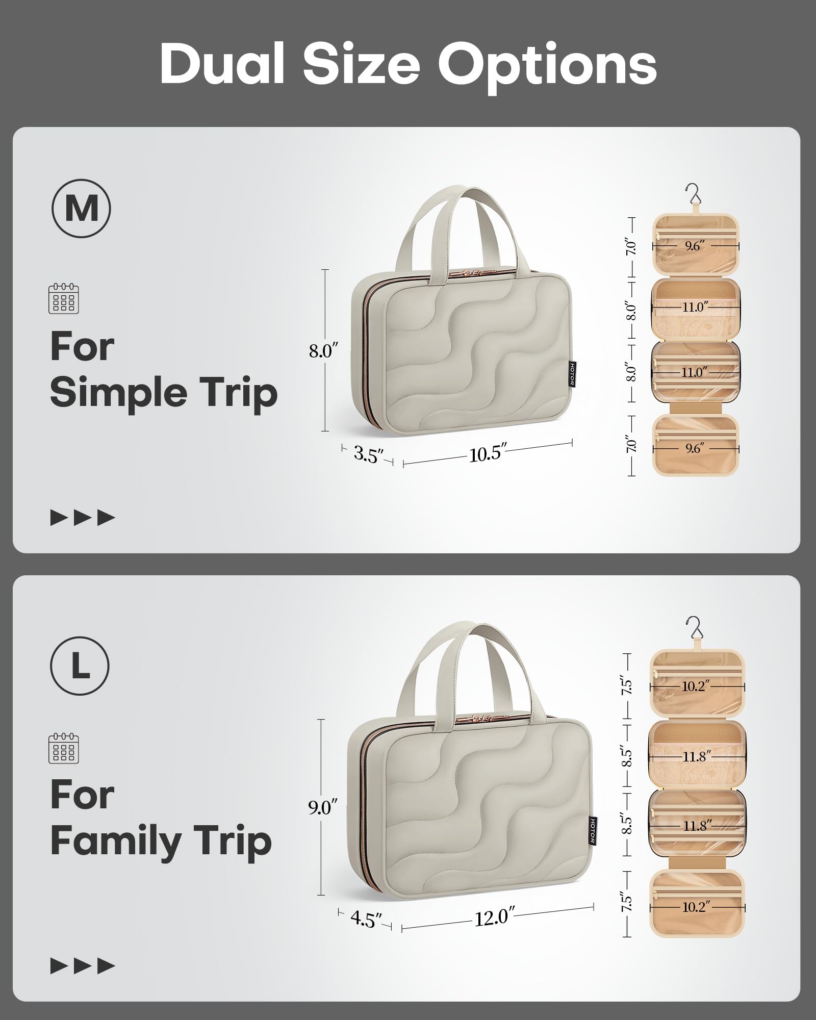 HOTOR sac de toilette intérieur multi-poches pour organiser les articles et prévenir les fuites.