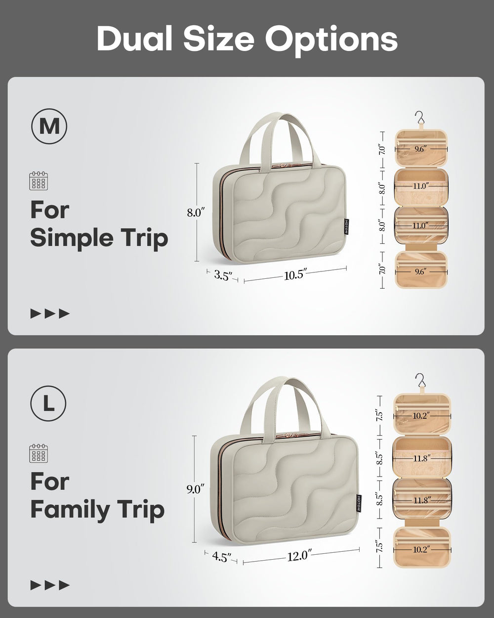 HOTOR sac de toilette intérieur multi-poches pour organiser les articles et prévenir les fuites.