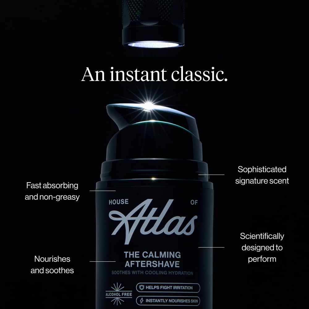 House of Atlas après-rasage: ingrédients Aloe et Camomille apaisants pour peaux sensibles.