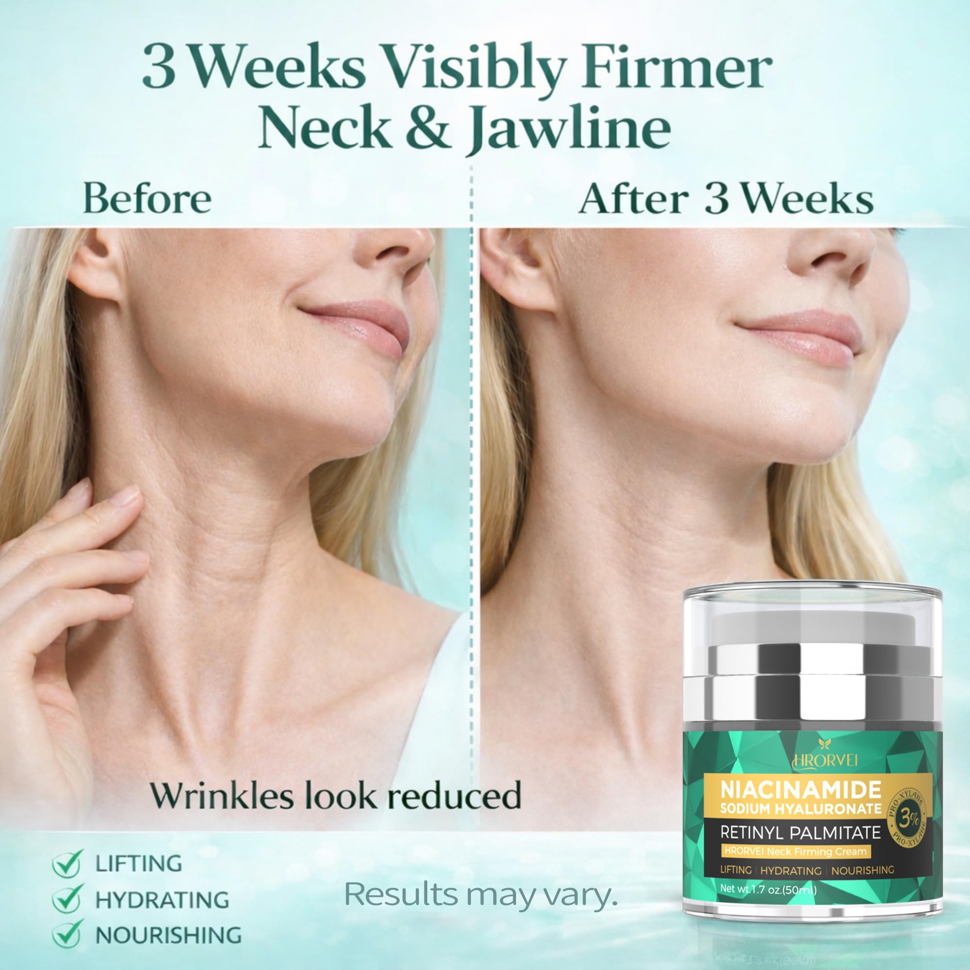 Hrorvei neck-jawline firming-application demonstrates smoothing and lift potential