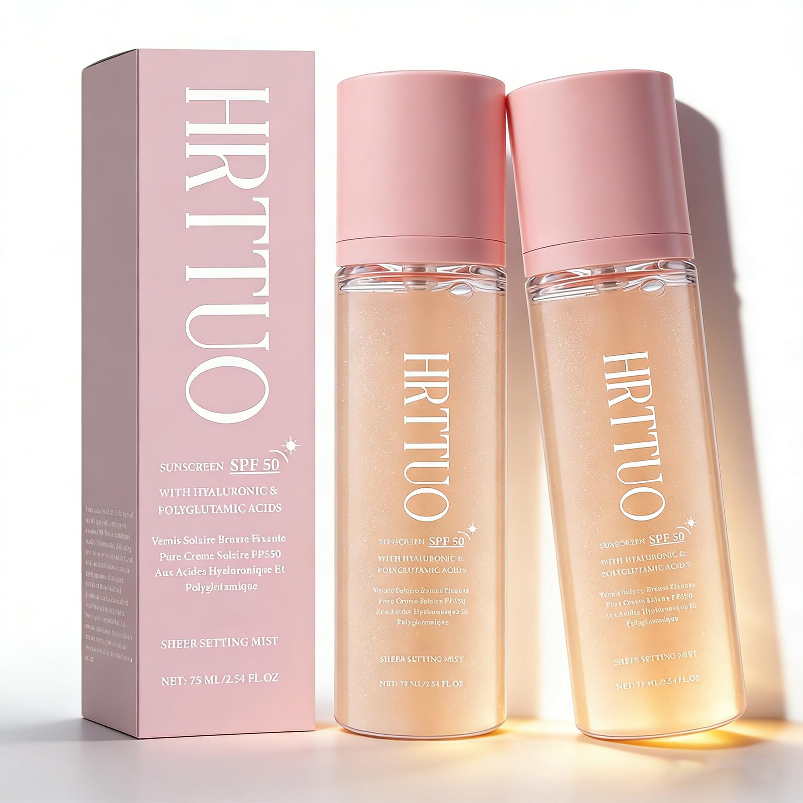 HRTTUO SPF50 – bouteille-pompe montrant la diffusion légère et la protection du visage et du corps.