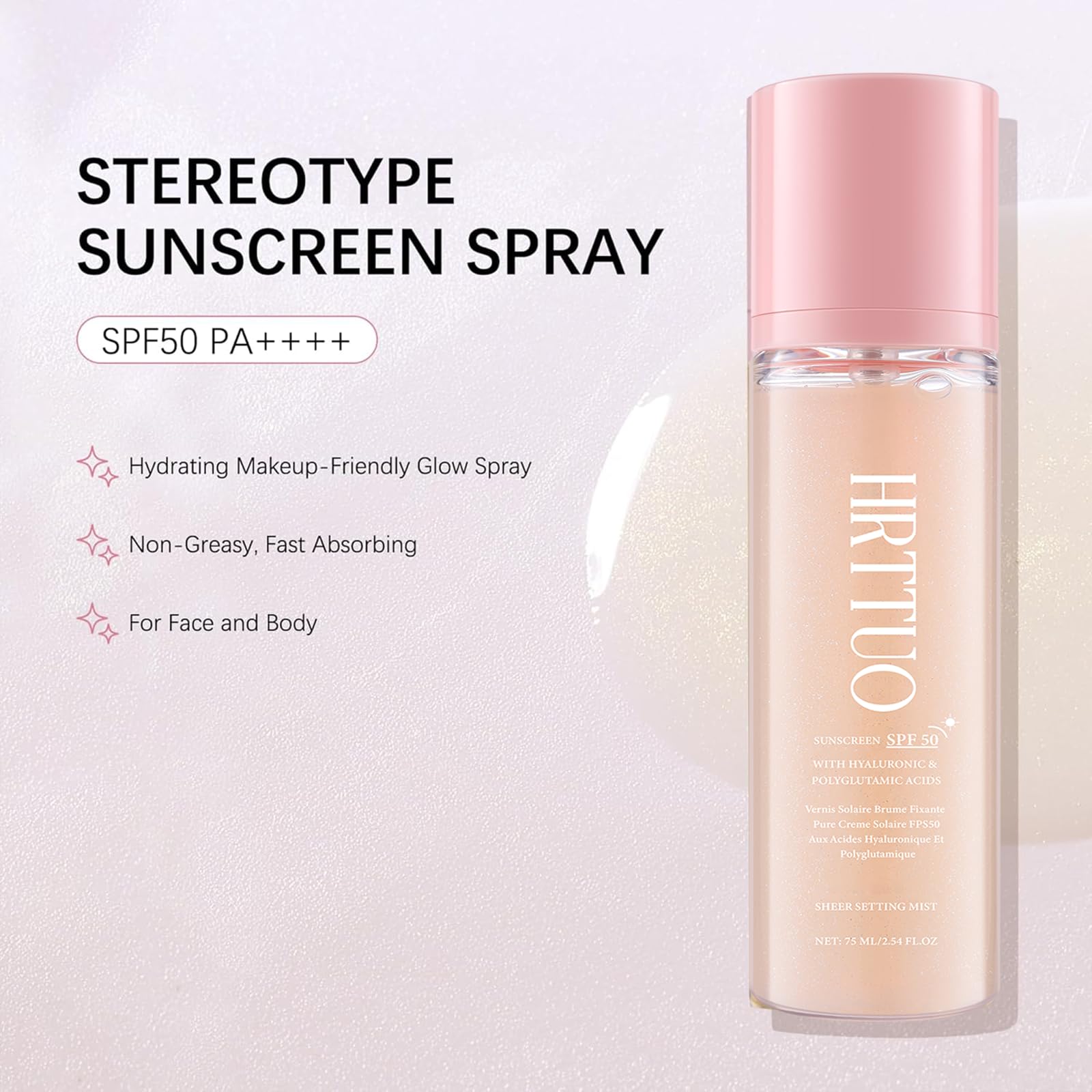 HRTTUO fixateur-maquillage SPF50 – flacon prêt à fixer le maquillage toute la journée.