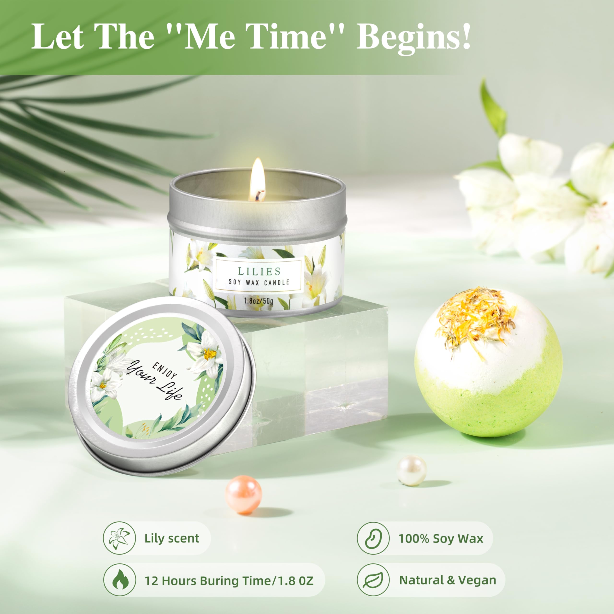 HSOEIXL bombe de bain et bougie lys, ambiance relaxante.