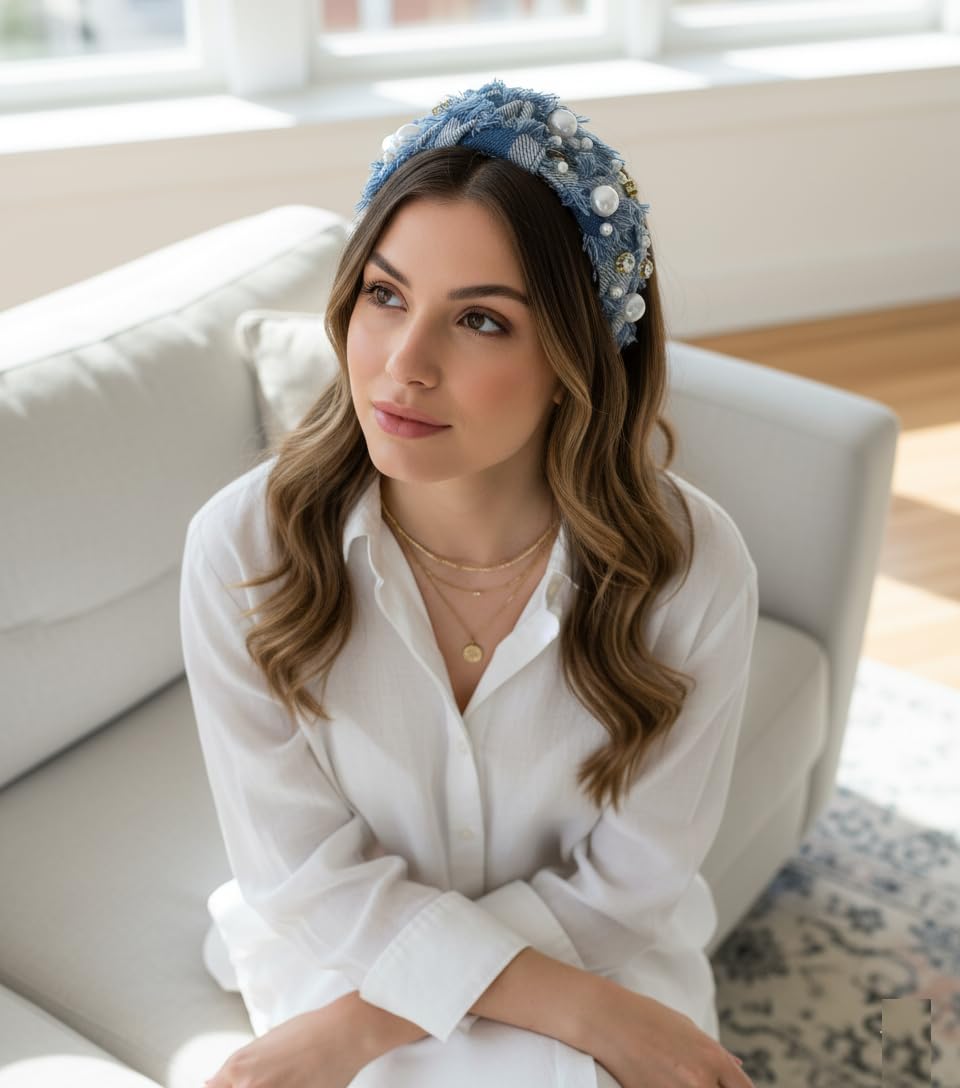 Huachi bandeau denim fête perles – accessoire élégant pour soirées.