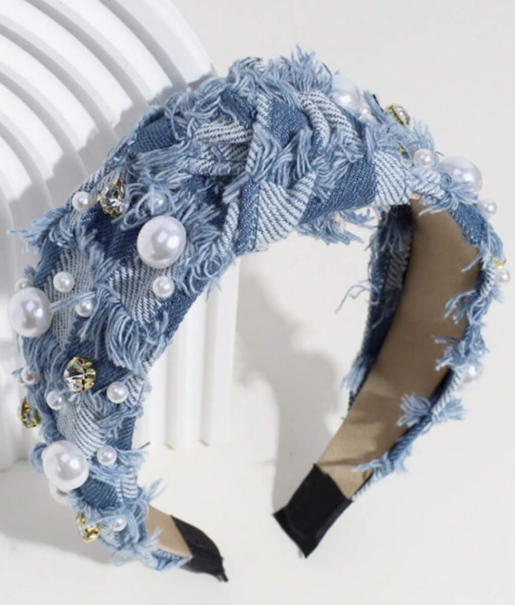 Huachi bandeau denim noeud perles – allure chic et polyvalente pour toutes vos tenues.