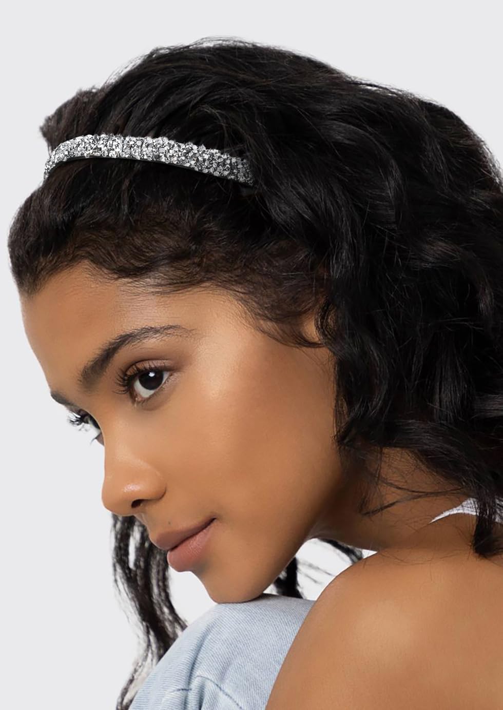 Huachi bandeau dent cristal argent proche – détail brillant et fixation délicate.