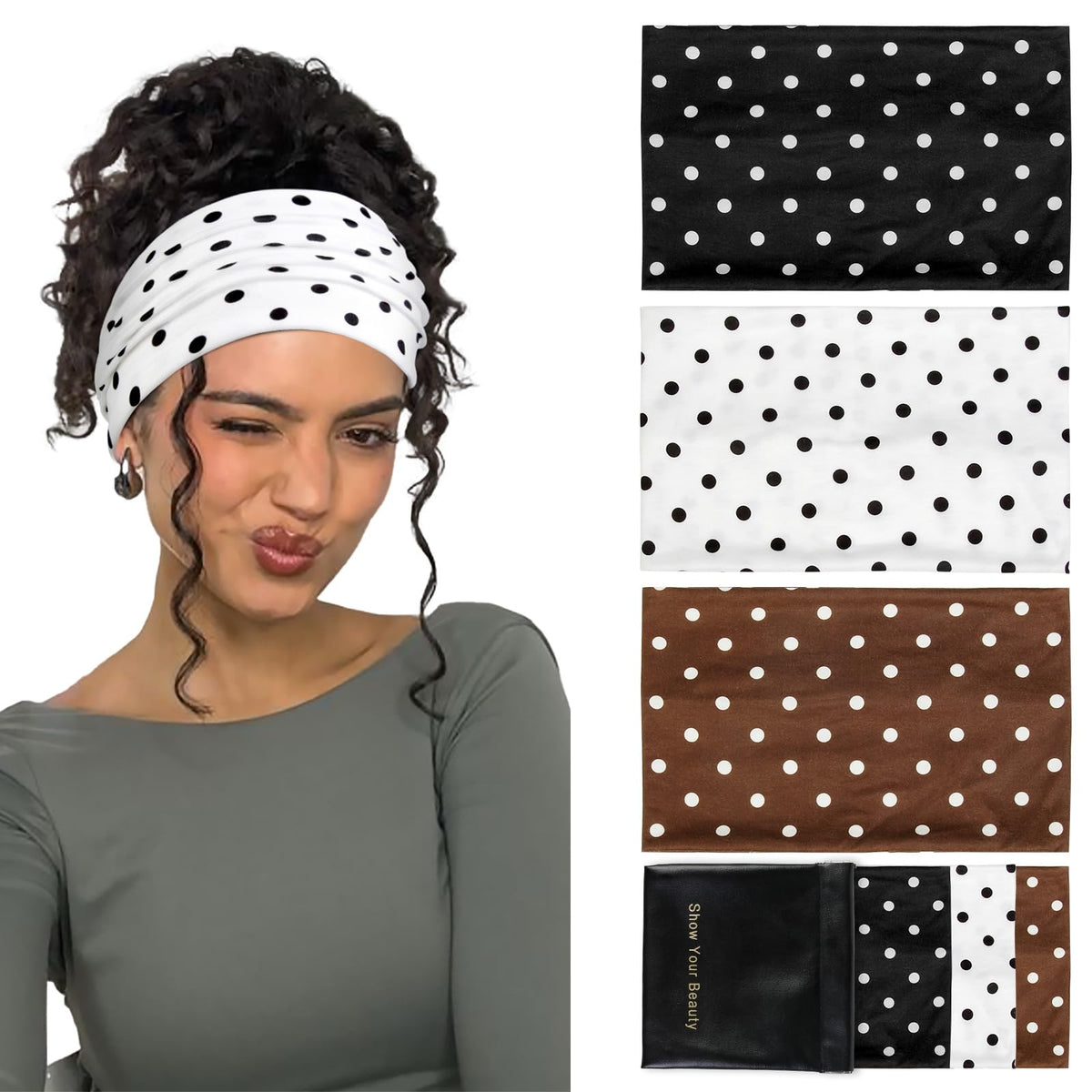 Bandeau Huachi pois noir en coton élastique, maintien sans glissement au quotidien.