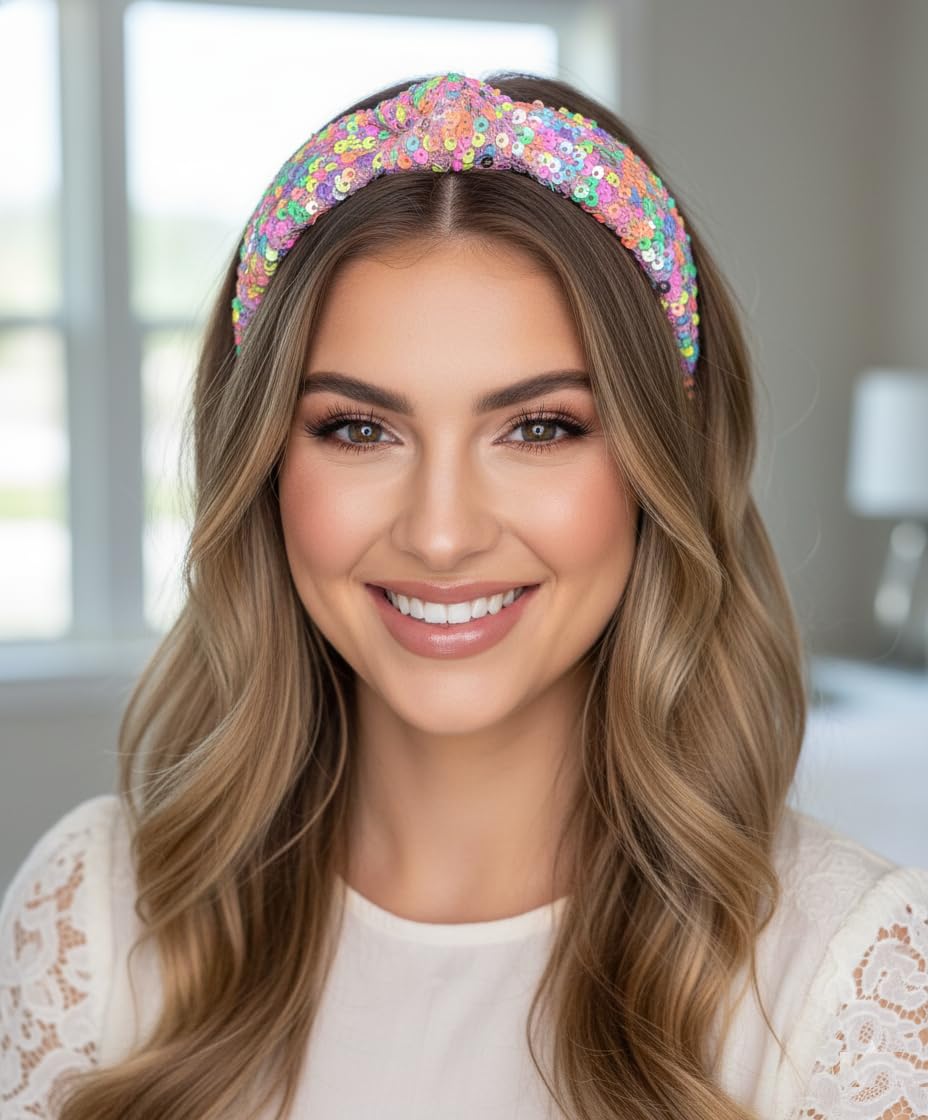 Huachi bandeau sequins arc-en-ciel scintillants, accessoire tendance pour fêtes et sorties.