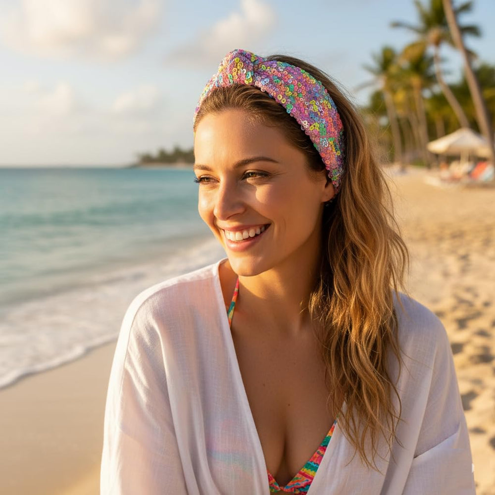 Huachi bandeau rose à sequins, parfait pour soirées et vacances d'été.