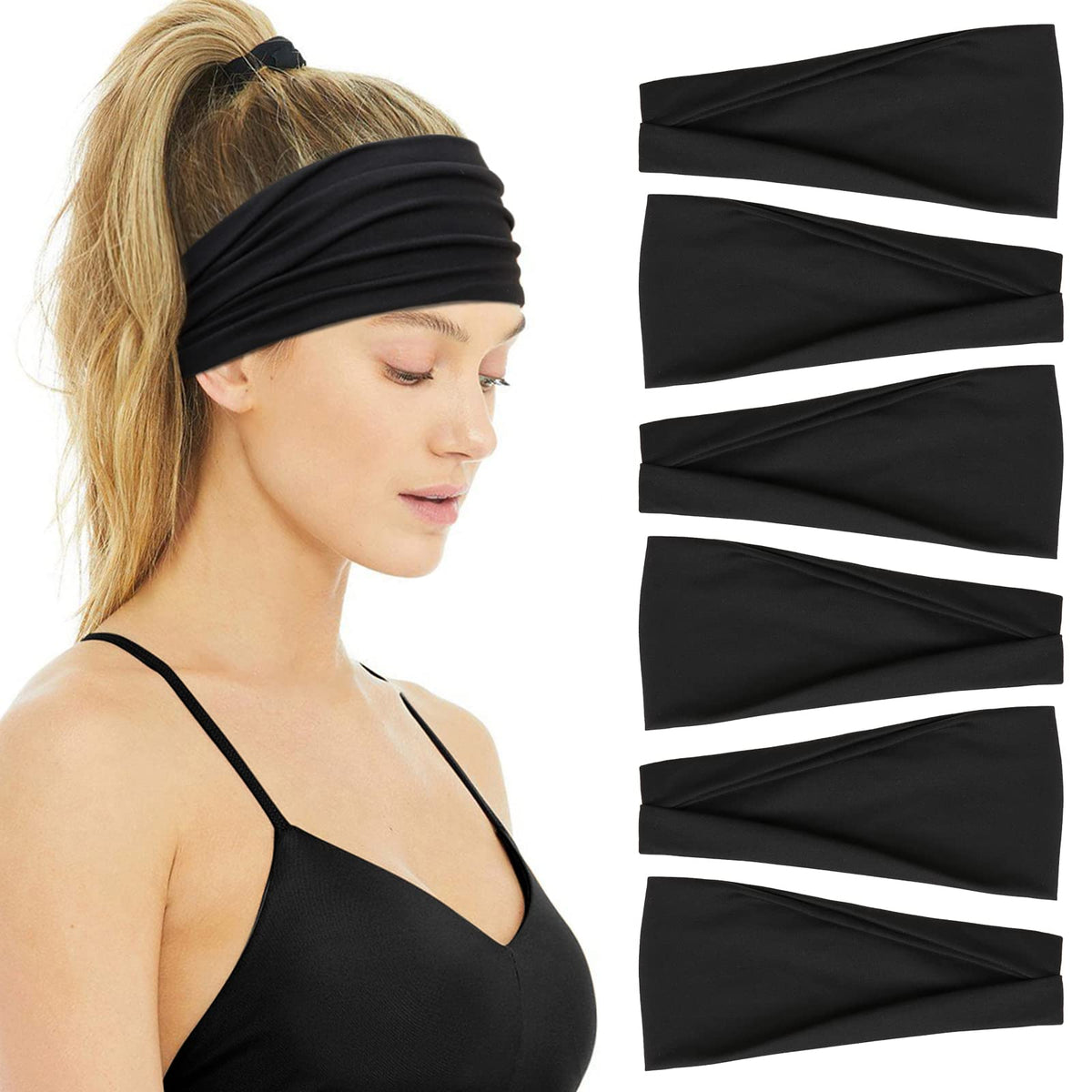 Huachi bandeau noir doux et extensible pour cheveux, maintien léger pendant l'entraînement.