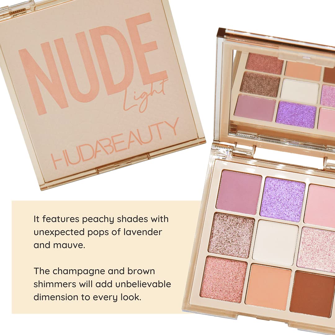HUDA BEAUTY Nude Obsessions Nude Light – palette nude clair métalliques pour accents lumineux.