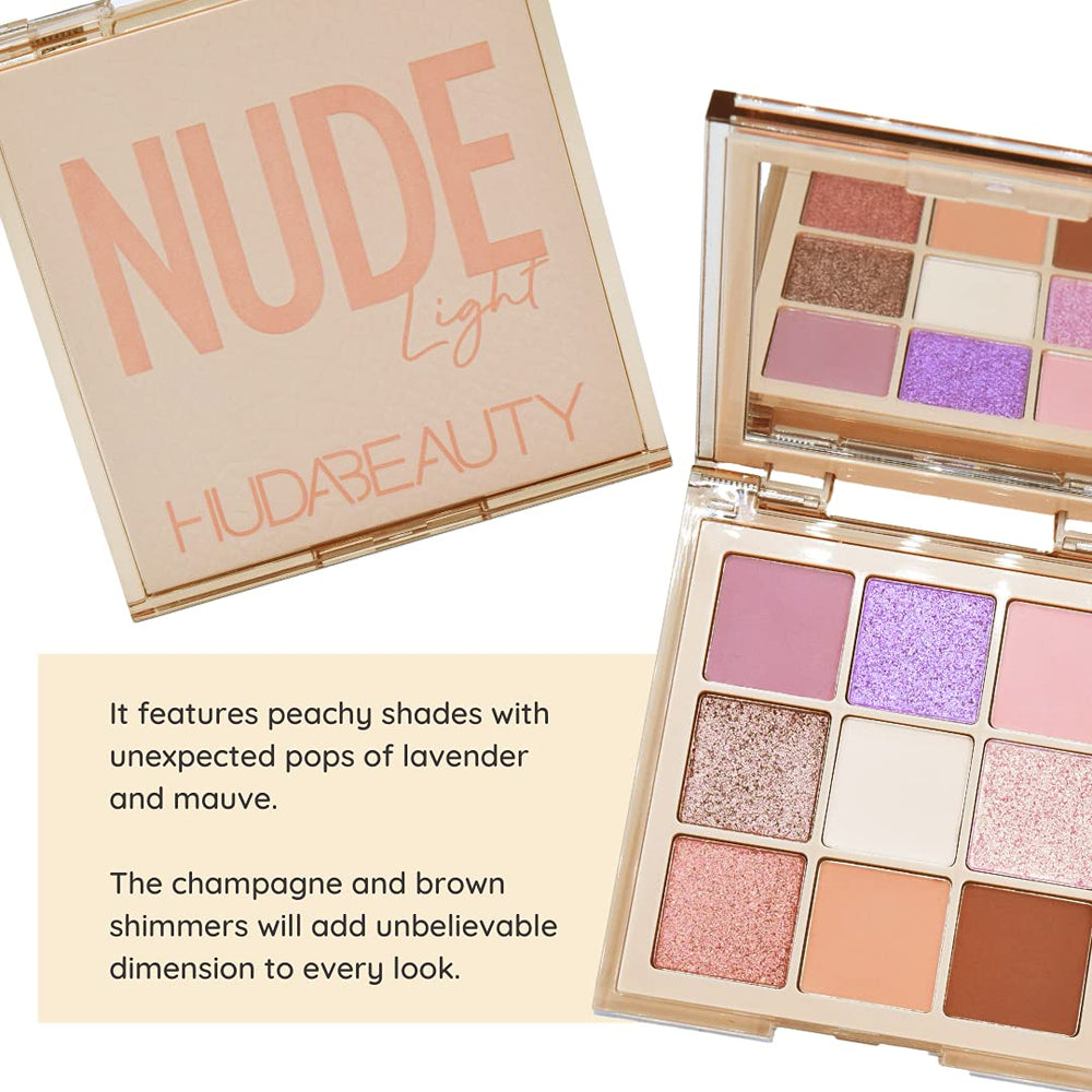 HUDA BEAUTY Nude Obsessions Nude Light – palette nude clair métalliques pour accents lumineux.