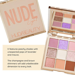 HUDA BEAUTY Nude Obsessions Nude Light – palette nude clair métalliques pour accents lumineux.