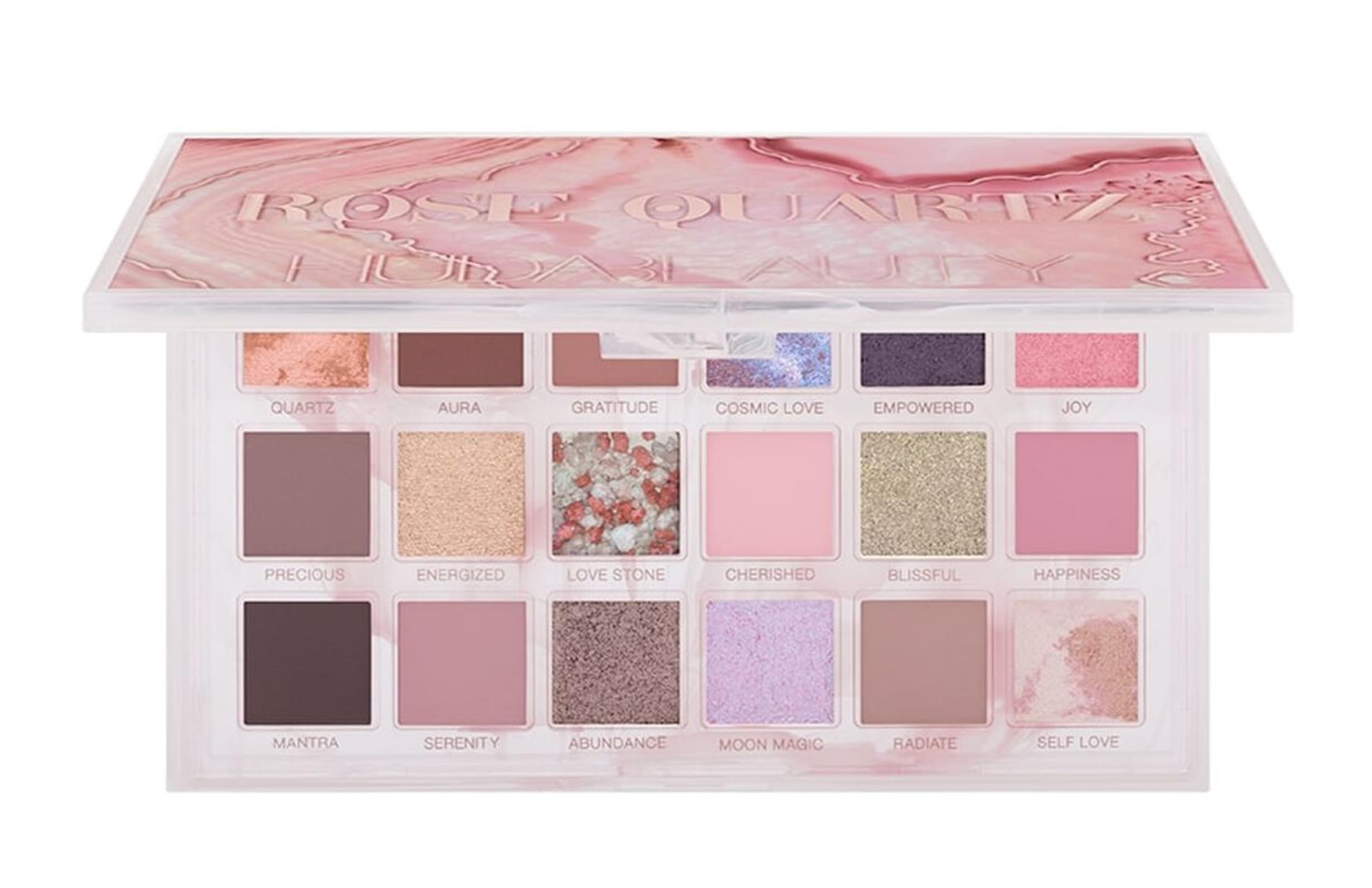 Huda Rose Quartz palette 18 ombres pour des regards intenses et faciles à assortir.