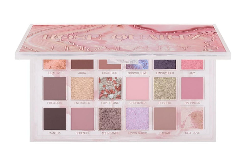 Huda Rose Quartz palette 18 ombres pour des regards intenses et faciles à assortir.