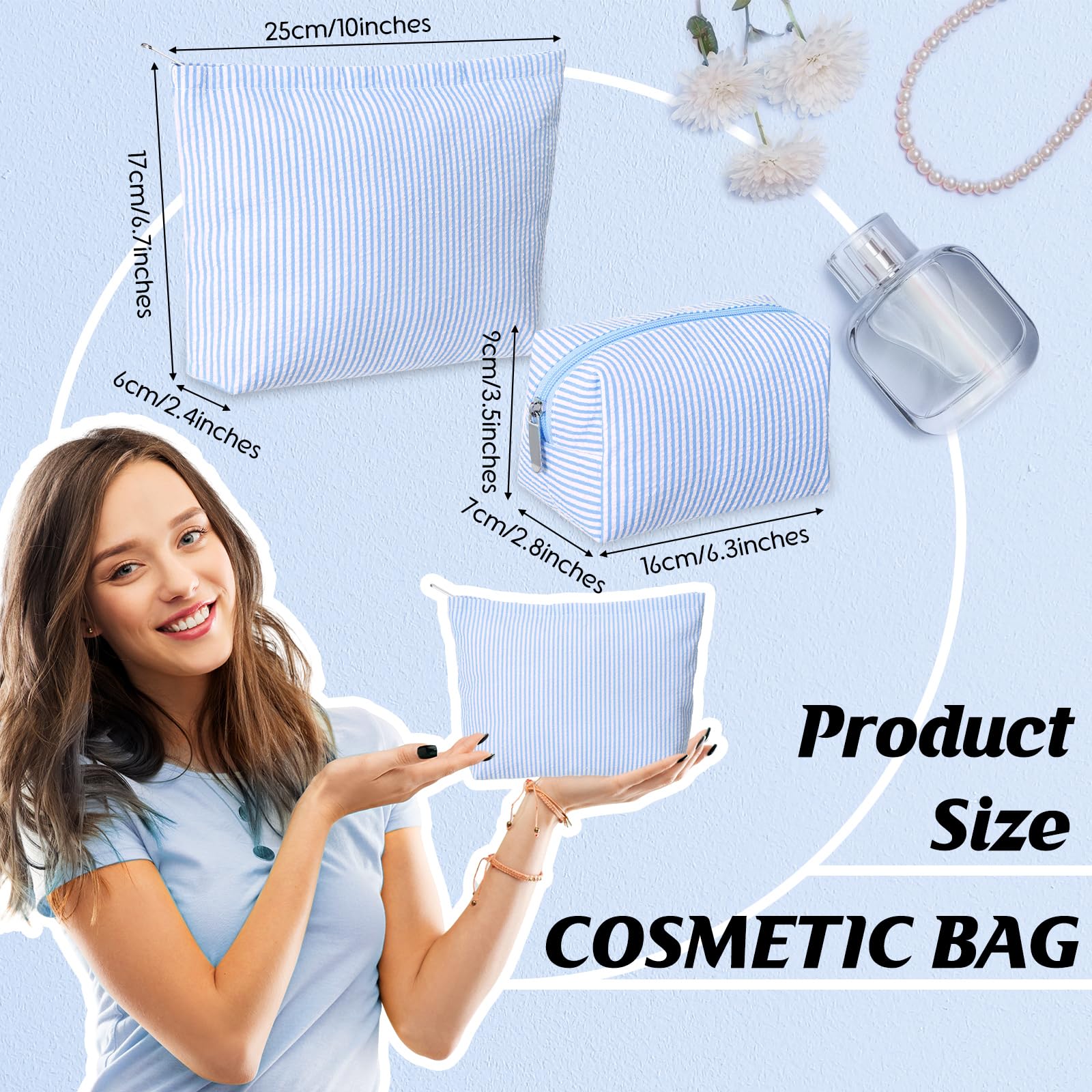 Huhumy pochette-maquillage seersucker bleu grand idéale pour voyage et organisation