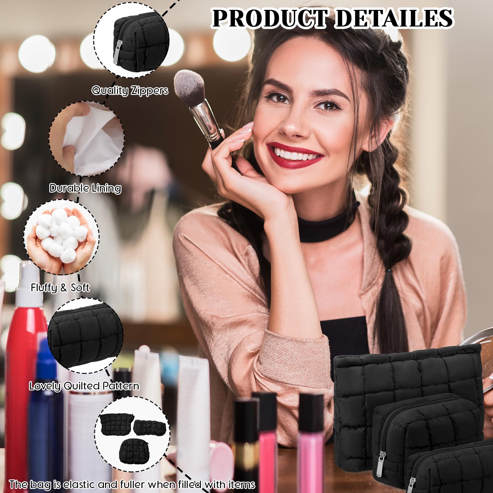 Huhumy pochette noire matelassée, rangement pinceaux et petits objets