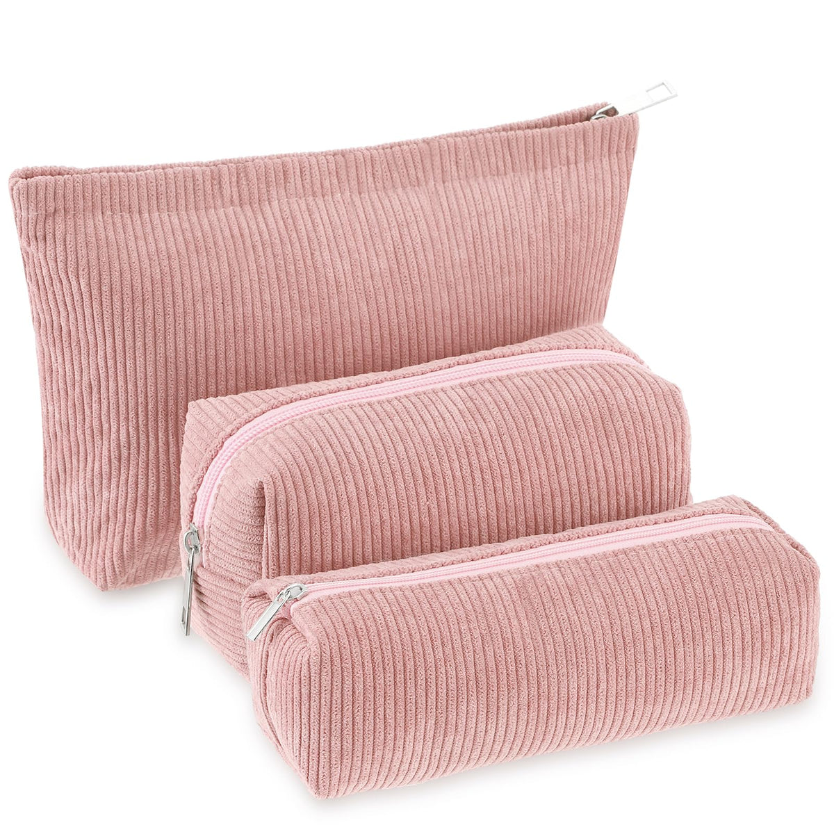 Huhumy trio de trousses velours côtelé rose, parfait pour organiser le maquillage lors des voyages.